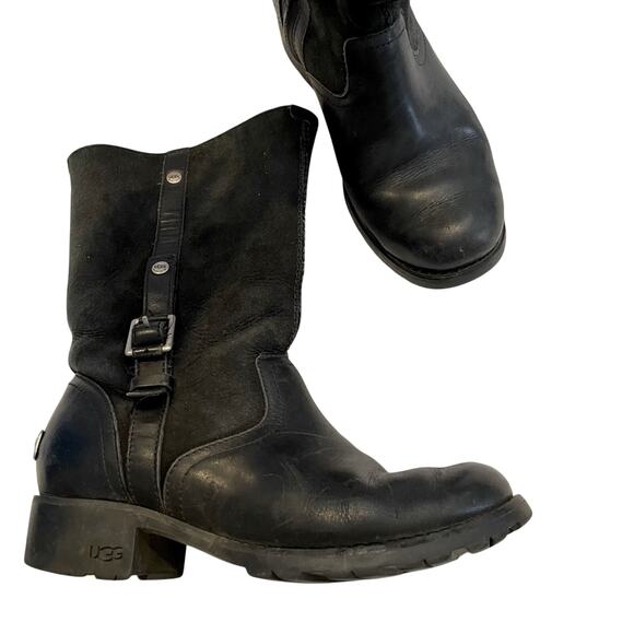 UGG Shoes - UGG Black Leather & Suede Calf Height Moto Lug Boots Sherpa Lined Womens 6.5